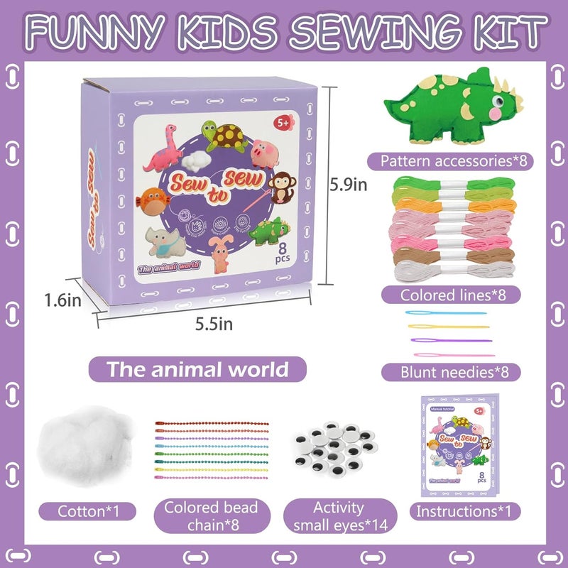 AzReference Kids Sewing Kits for Beginners, 8 Stuffed Animals, Rabbit, Dinosaur Making Easy Felt Sewing Fun Craft Kit, Educational Learn to Sew Gifts for Kids Age 5 6 7 8 9 10 11 12, Instruction & Felt Materials - Image 2
